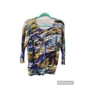 Joseph A C'est Silk Size L Blue Gold Black Sweater Women Button Up